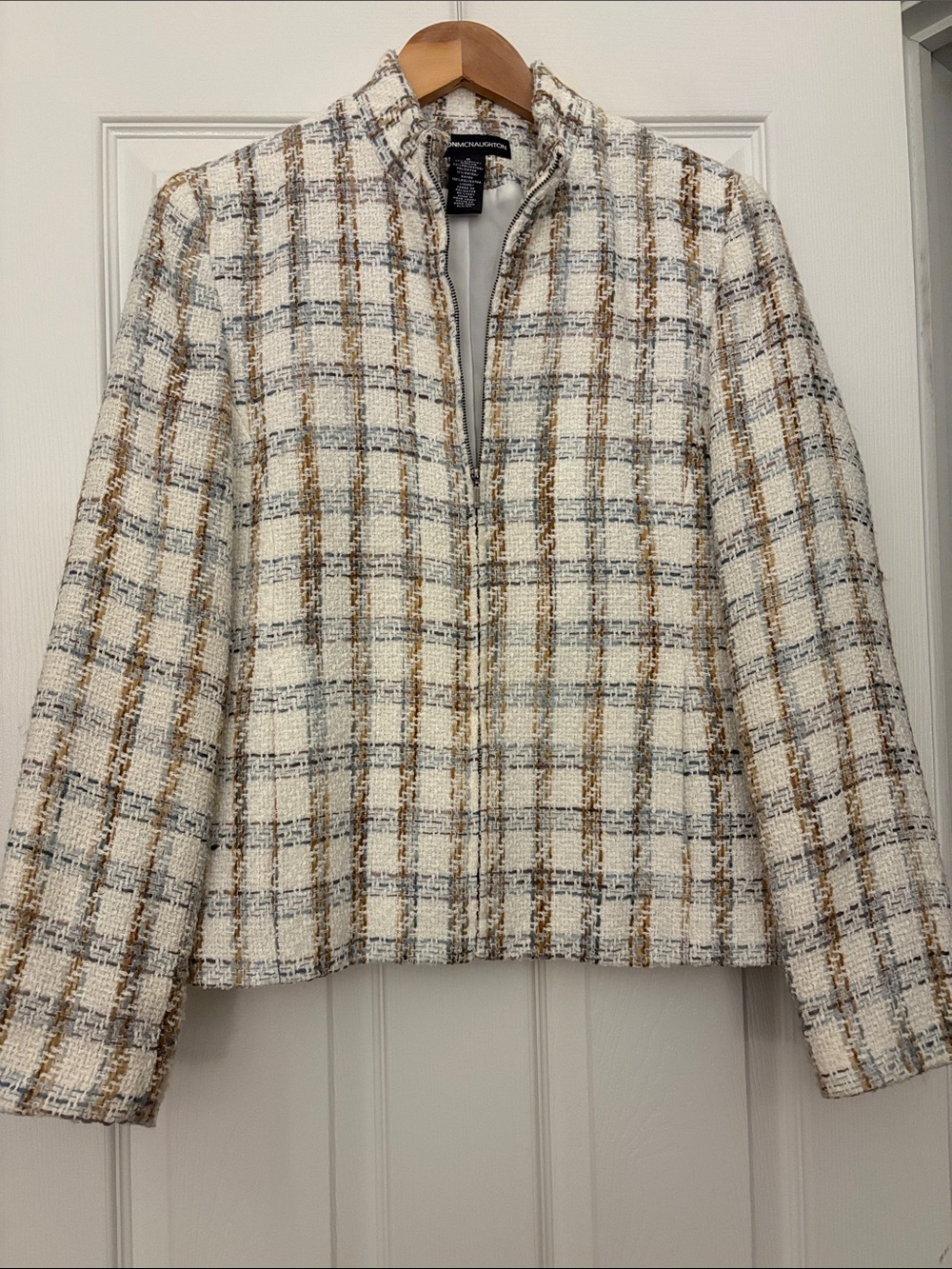 Norton McNaughton Cream Plaid Tweed Zip Jacket